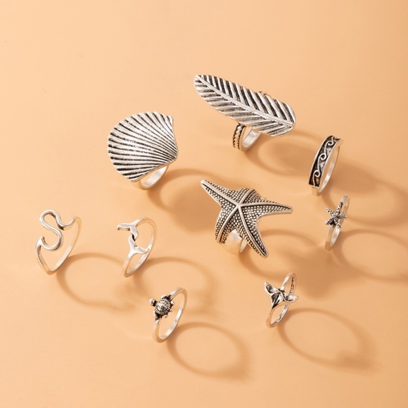 **KEZIAH* 9-Pc Silver Fashion Starfish Shell Turtle Ring Set - Picture 3 of 3